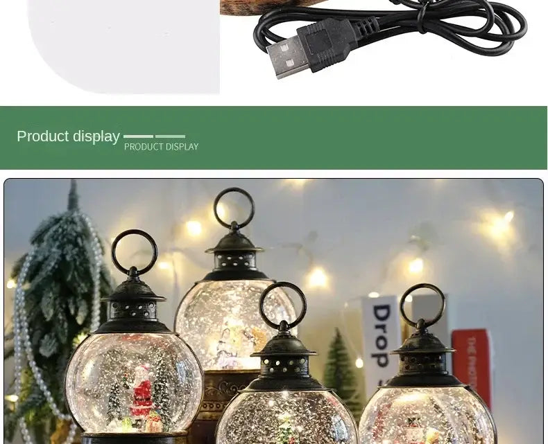 Black metal Christmas lantern snow globe music box with clear glass globes featuring miniature snow scenes and warm interior lighting.