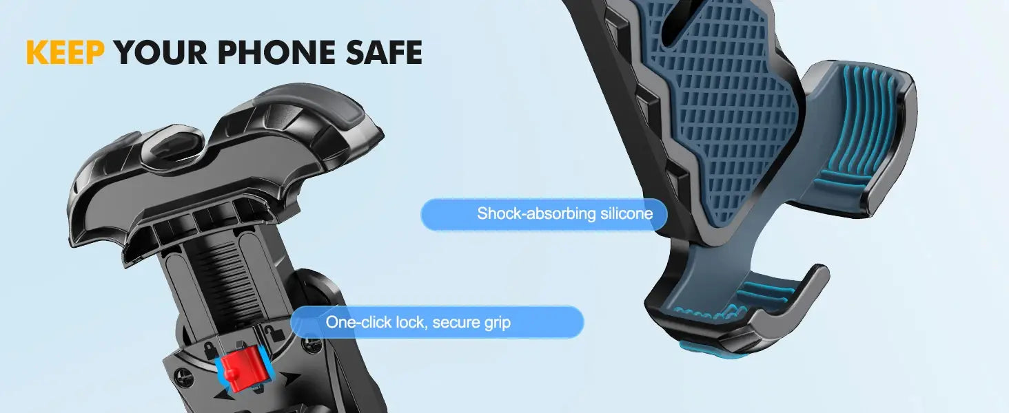 Support de téléphone pour vélo universel en silicone amortissant noir et sarcelle avec rotation à 360 degrés et mécanisme de verrouillage en un clic