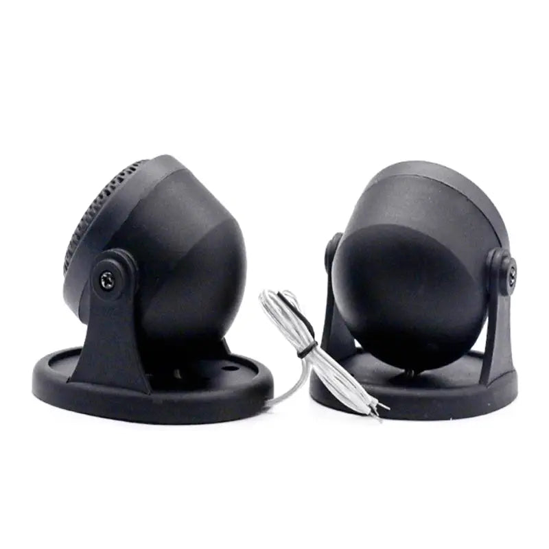 Black plastic car tweeter speakers with a rounded dome design and adjustable mounting brackets for high frequency hifi audio 20w use.