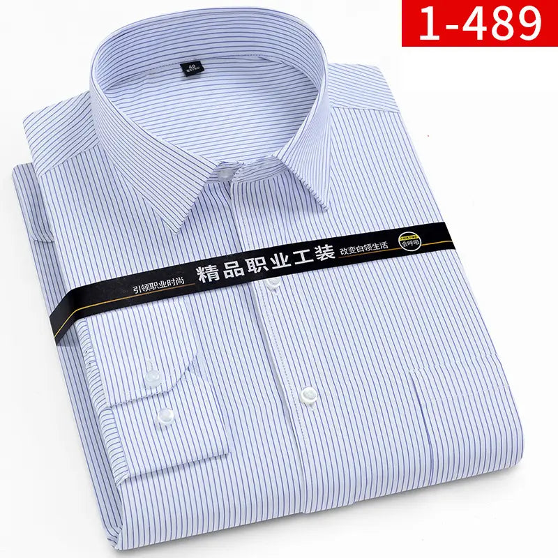 Men plus size cotton long sleeve formal dress shirt in light blue and white vertical stripes with a classic collar and button-down front neatly folded.