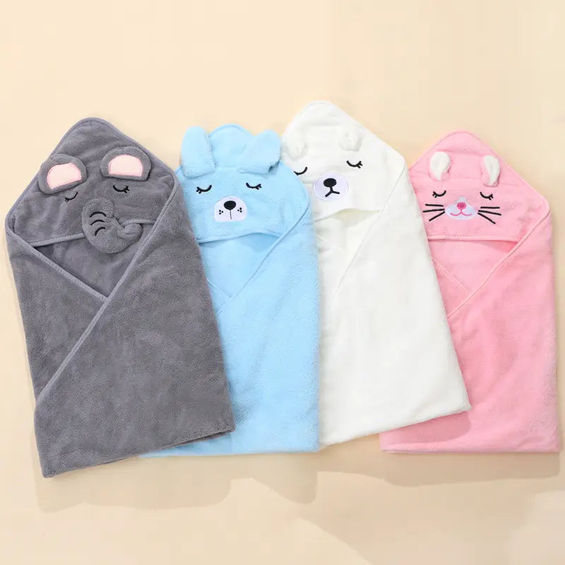 Toallas de baño para bebé con capucha suave y esponjosa en azul grisáceo, blanco y rosa, hechas de algodón, con adorables caritas de animales bordadas con los ojos cerrados, para envolver al bebé.