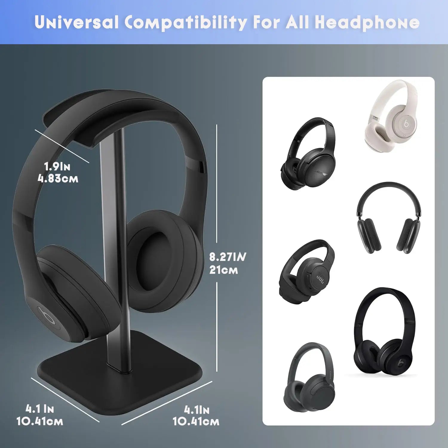 Black matte-finish aluminum headphone stand with a sleek minimalist design for organizing earphones and headphones.