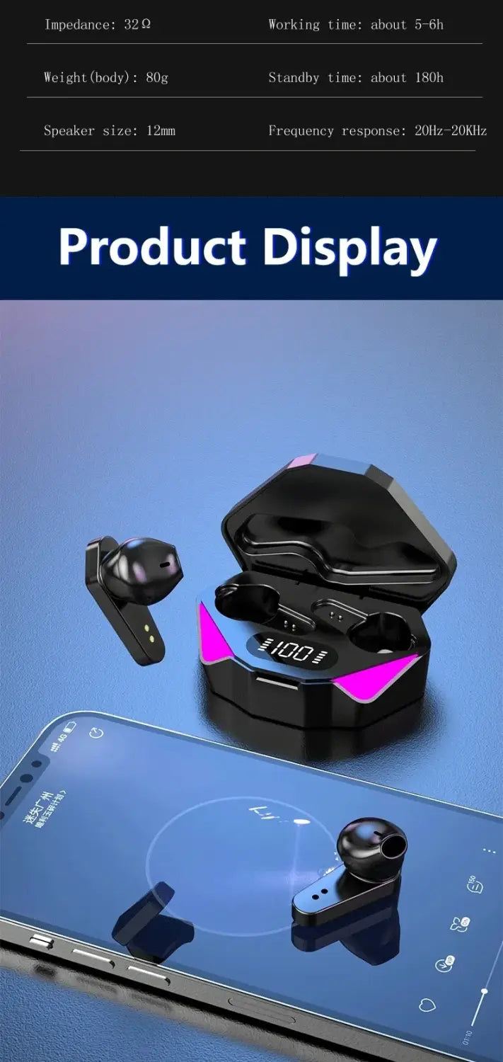 Black x15 wireless gaming earbuds in in-ear style with low latency feature and a charging case highlighted by vibrant pink led accents.