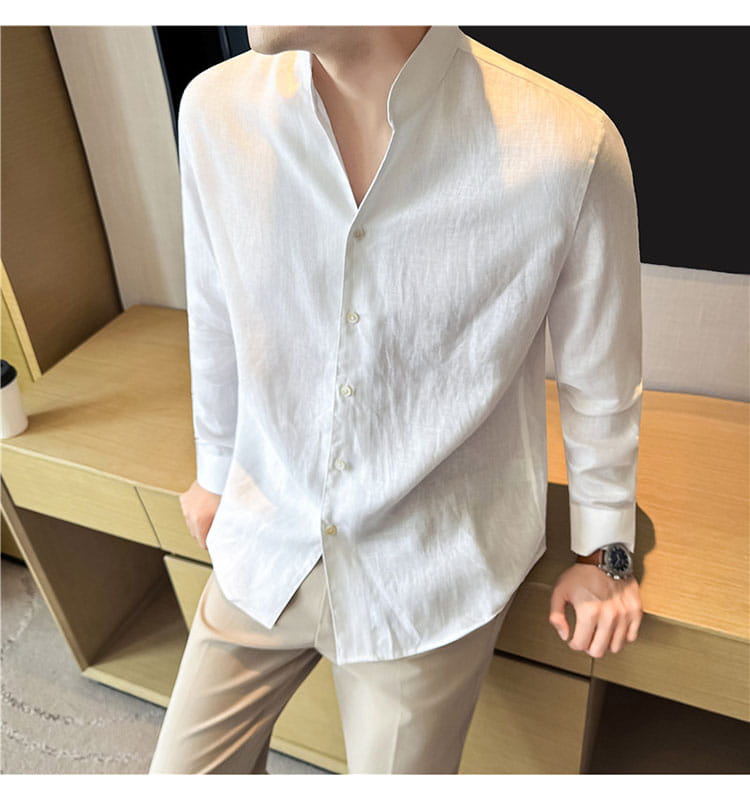Men’s white linen mandarin collar button-up shirt with long sleeves.