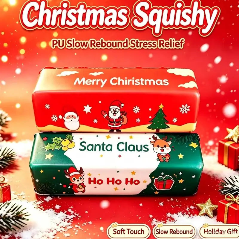 Juguetes antiestrés blandibles de alivio lento con tema de Santa Claus de Navidad en colores rojo y verde, con personajes festivos de dibujos animados hechos de material blando para aliviar el estrés y favorecer la relajación.