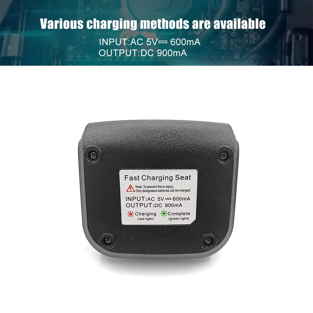 black plastic anysecu t56 charger desktop type c base showing back side with fast charging input ac 5v600ma output dc 900ma and red green charging status indicator lights