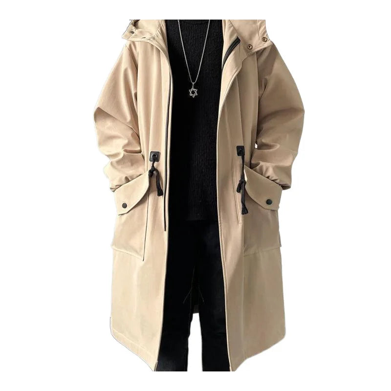KIDWHXR Men Trench Coat Spring Autumn Mid-length Hooded Casual Male Windbreaker Fashion Simlpe Solid Color Pocket Man Outerwear