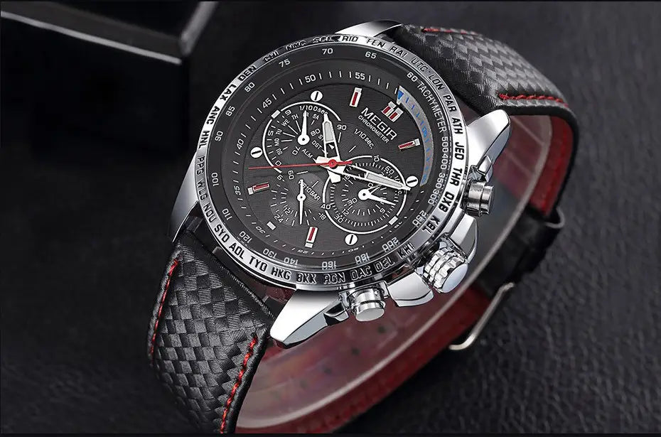 Megir 1010 men quartz chronograph watch with black carbon fiber textured strap red stitching silver toned case and multiple subdials on dark dial