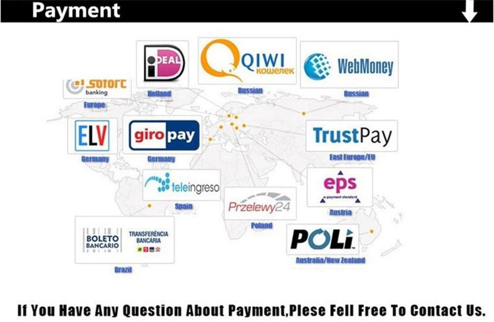 payment options map showing logos of ideal, qiwi, webmoney, and trustpay across europe, russia, brazil, australia new zealand, and other regions for artificial flowers autumn sunflower bouquet for home decoration and send flowers services.