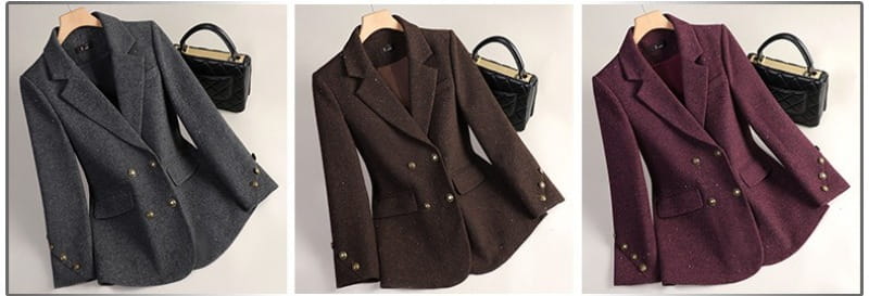Three stylish wool blend double breasted blazers in gray brown and burgundy with metallic buttons.