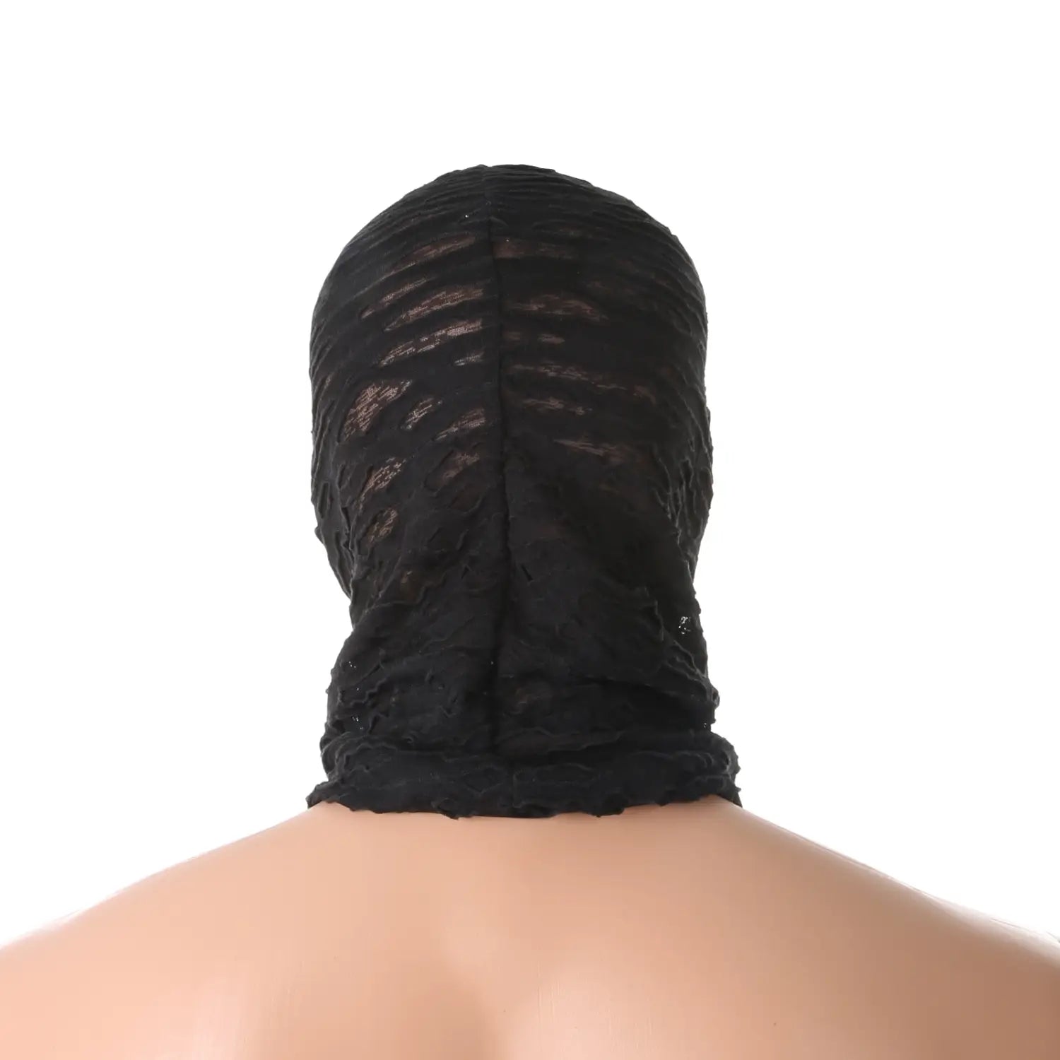 capuche en résille noire déchirée en dentelle noire, avec un motif semi-transparent texturé et un tissu froncé au niveau du cou, pour une utilisation en cosplay d’Halloween