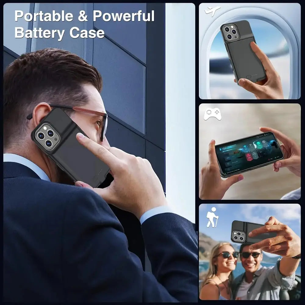 Schwarze tragbare Pro-Max-Akku-Ladehülle für iPhone 16- und 17-Serien mit schlankem, elegantem Design und dezenter Markenkennzeichnung auf der Rückseite.