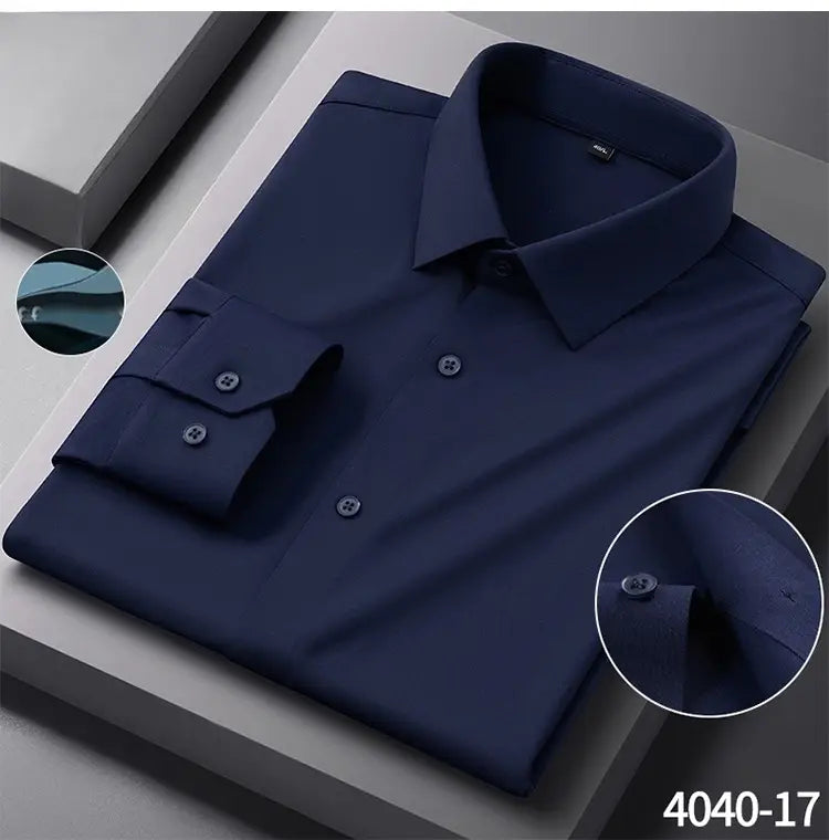 Navy blue men’s slim fit nylon formal dress shirt with classic collar and buttoned cuffs.