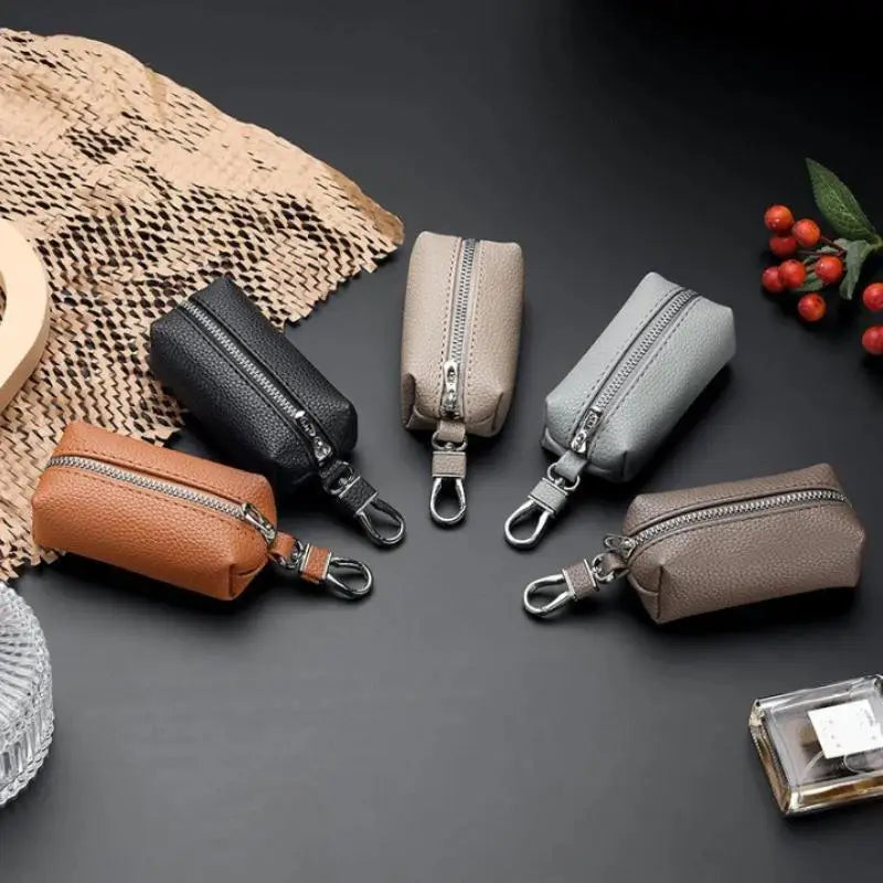 Leather Car Key Wallet Double Zipper Fashion 1Pcs Slim Key Holder Keychain Case Perfect for Travel Commute