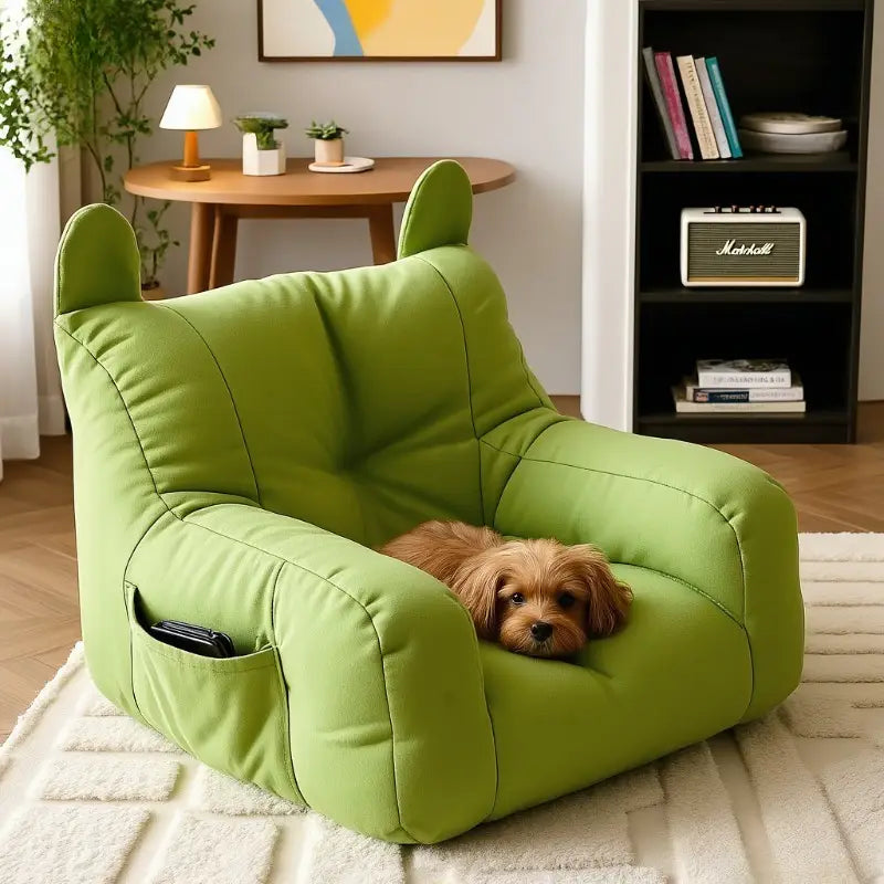 a plush lime green cat sofa bed made of soft fabric with rounded ear like handles manufactured in mainland china