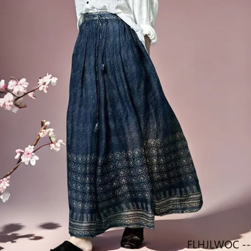 Bohemian Ethnic Style Lined Soft Linen Skirts Retro Vintage Cute Sweet Girls Blue Classic Thai Style Long Maxi Skirt