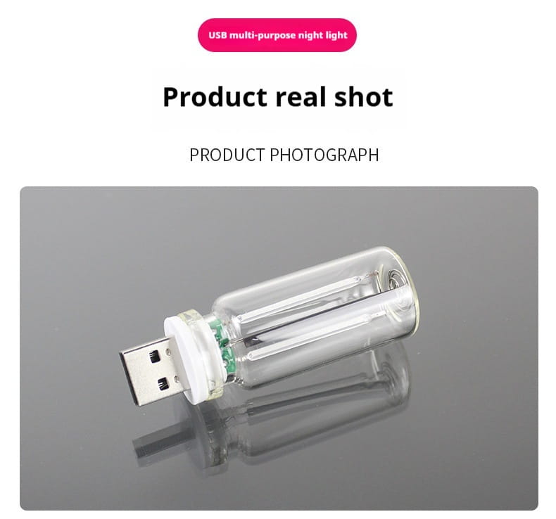 Clear glass usb night light shaped like a miniature fluorescent tube with a white plastic cap at the connector end designed as a color changing atmosphere light.