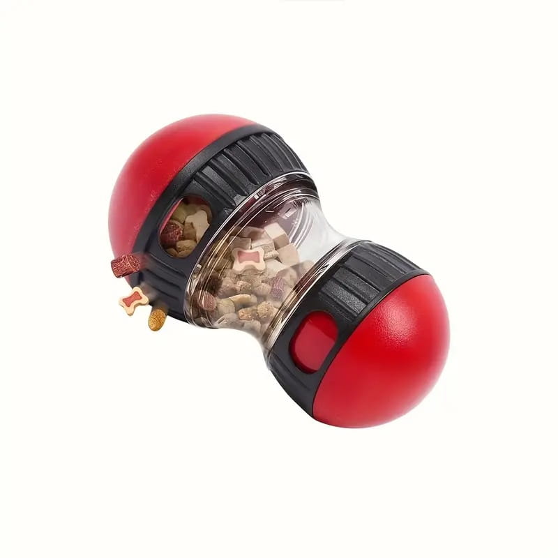 Jouet distributeur interactif de friandises pour chien, distributeur d’alimentation lente, fabriqué en plastique rouge et noir, avec une section centrale transparente remplie de croquettes en forme d’os.
