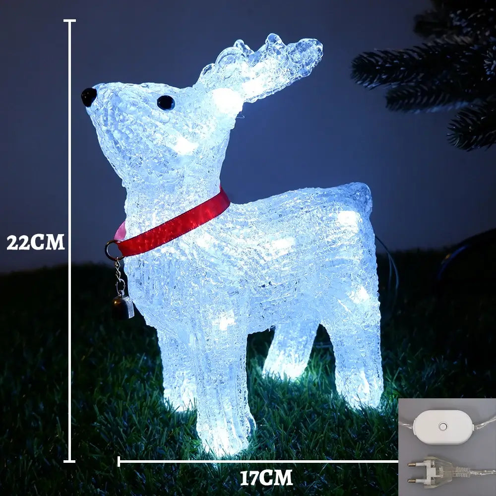 LED-Rentier-Weihnachtsornamentlicht mit einer beleuchteten weißen, durchscheinenden Rentierfigur mit rotem Halsband und Glocke.