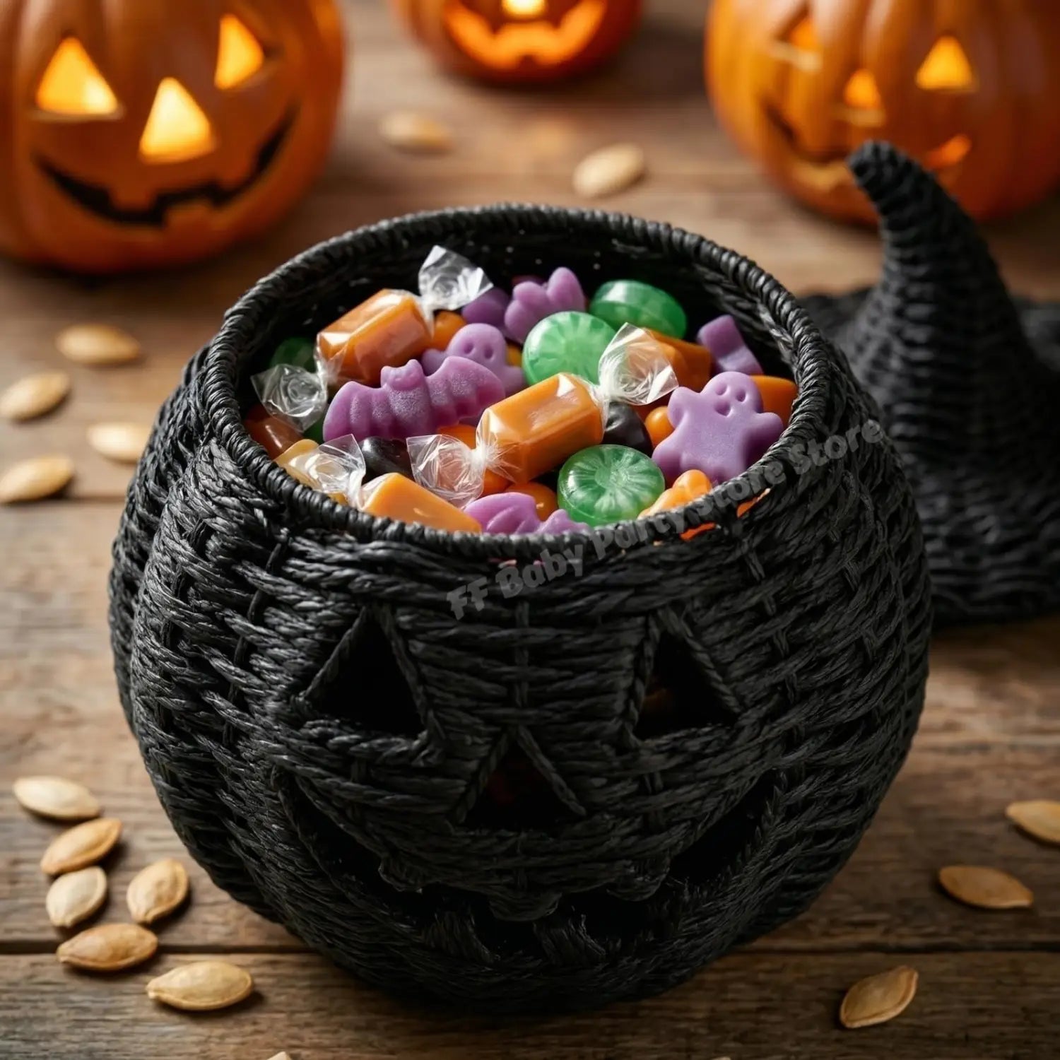 Geflochtene Kürbislaterne mit schwarzem, geflochtenem Hexenhut als Candy-Schale, gefüllt mit farbenfrohen Halloween-Themen-Süßigkeiten.