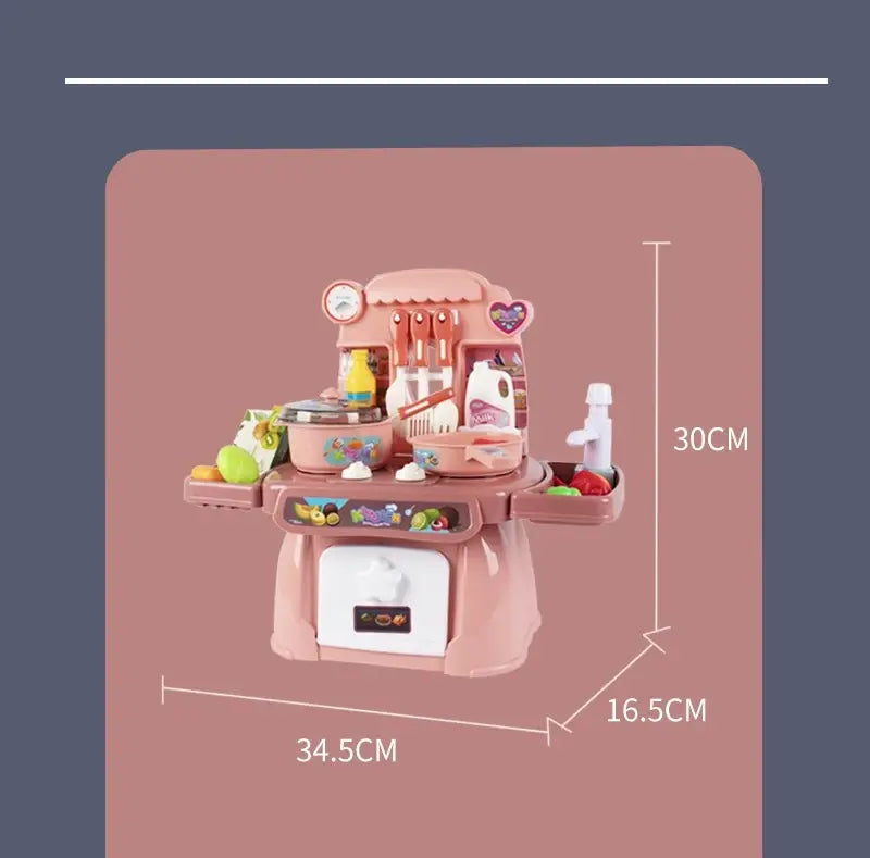 Rosa Kunststoff-Kinder-Küchenspielset mit Licht- und Soundeffekten mit Miniatur- utensilien und -geräten für interaktives Rollenspiel.