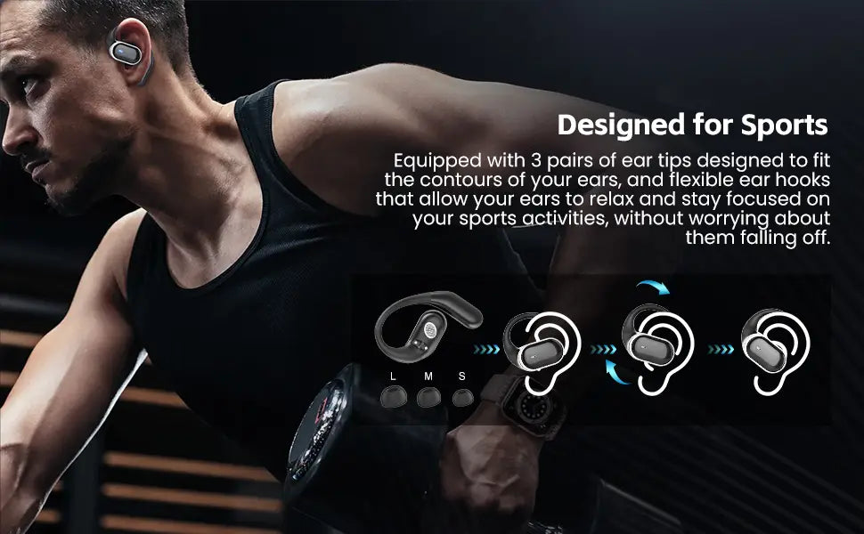 silver air conduction ear hook headphones with flexible hooks for secure fit during sports and a charging case for convenient charging and storage
