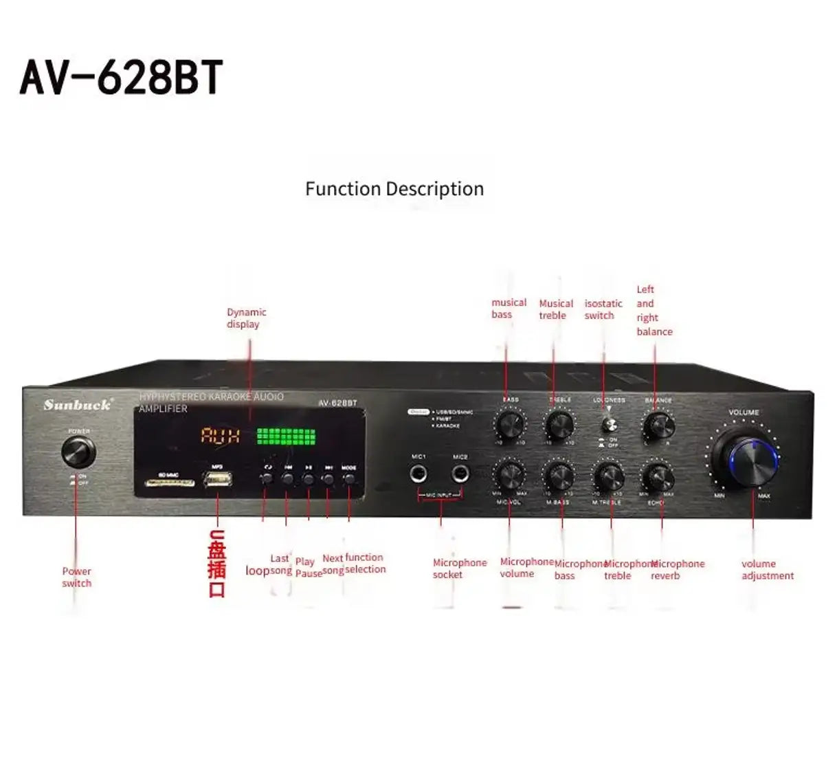 Black sunbuck av-628bt black karaoke amplifier with digital display and multiple control knobs designed as a Bluetooth stereo audio amplifier with 5.1 channel high power.
