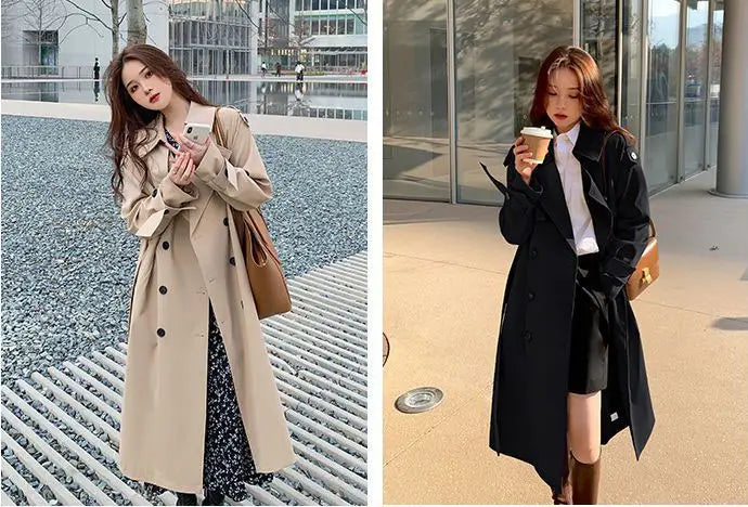 Beige women double breasted trench coat with black buttons and a matching brown handbag displayed on the front side.