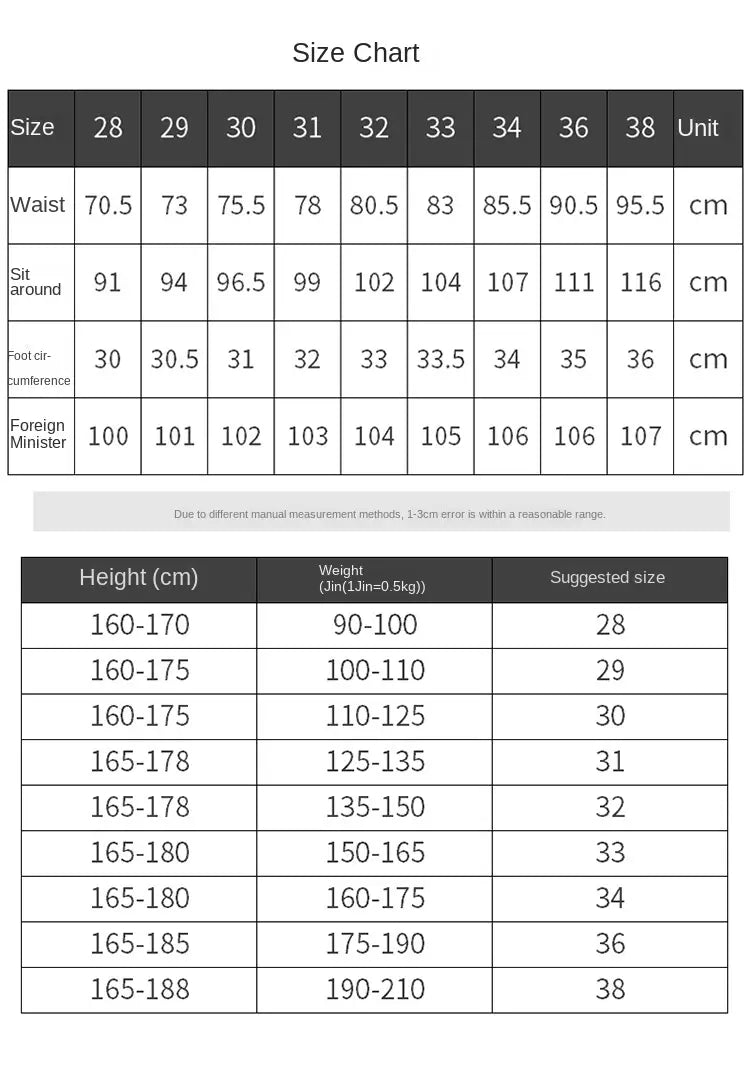 Size chart for slim fit dark blue denim jeans men showing garment measurements in centimeters with corresponding height and weight ranges across various sizes.