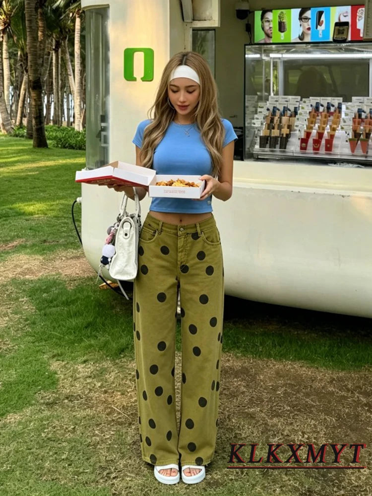 Women Wide-Leg Pants Fashion Elegant High Waist Polka Dot Jeans Pants Spring Summer Chic High Street Pants 2026 New