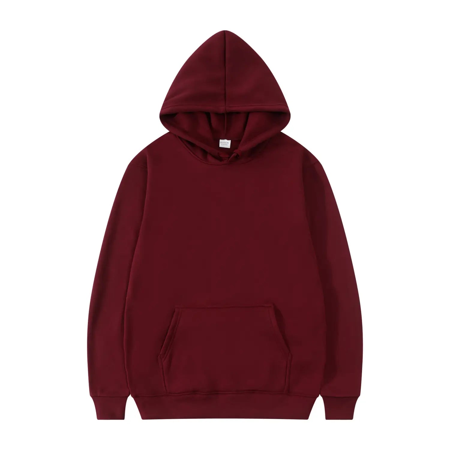 Sudadera con capucha informal para hombre color burdeos, con bolsillo frontal y puños acanalados.