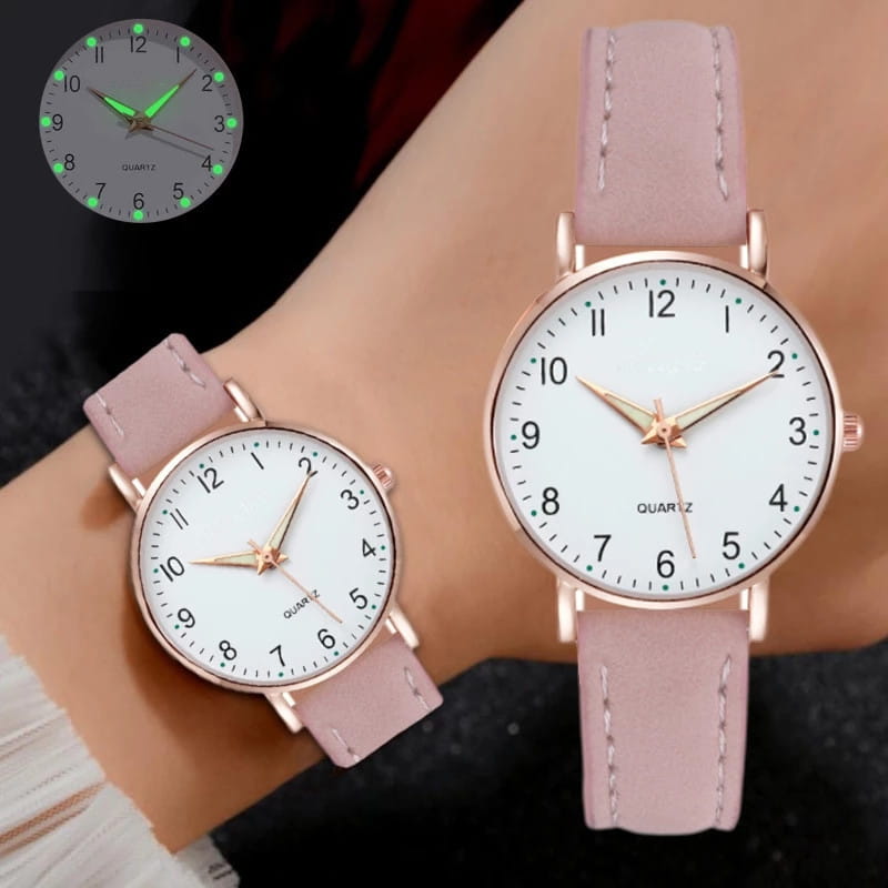 Rose gold women leather quartz watch featuring a pink leather strap with a white face and rose gold-tone case.