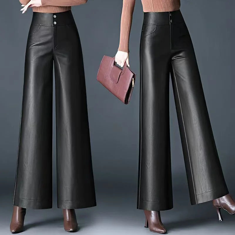 Women's High Waist Loose PU Leather Pants Autumn Winter Windproof Waterproof Straight Leg Pants Casual Fashion Ladies Trousers