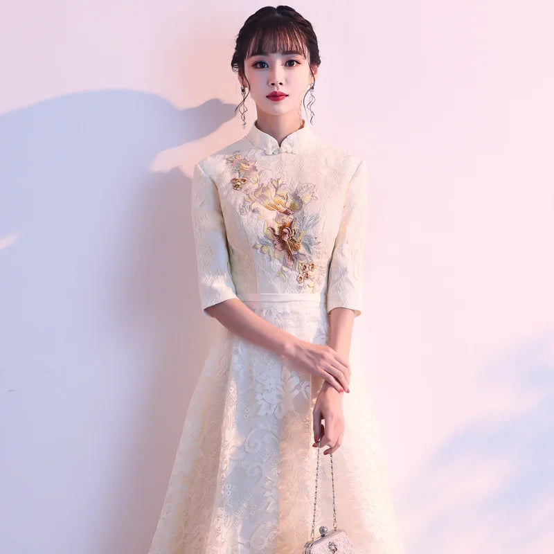 Banquet Elegant Evening Dress New Chinese Style Cheongsam Long Bridesmaid Dress with Mid Sleeve Welcome Etiquette for Ladies