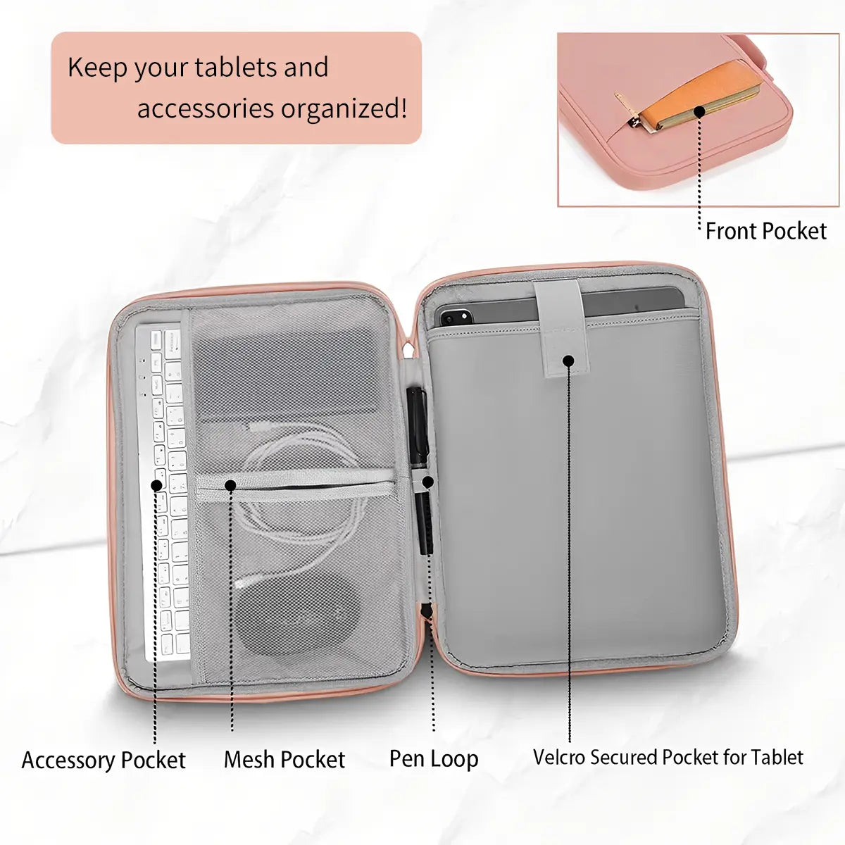 Housse pour ordinateur portable rose de 11 à 13 pouces, étui rembourré avec un extérieur rose, des compartiments intérieurs gris et une poche avant pour l’organisation.