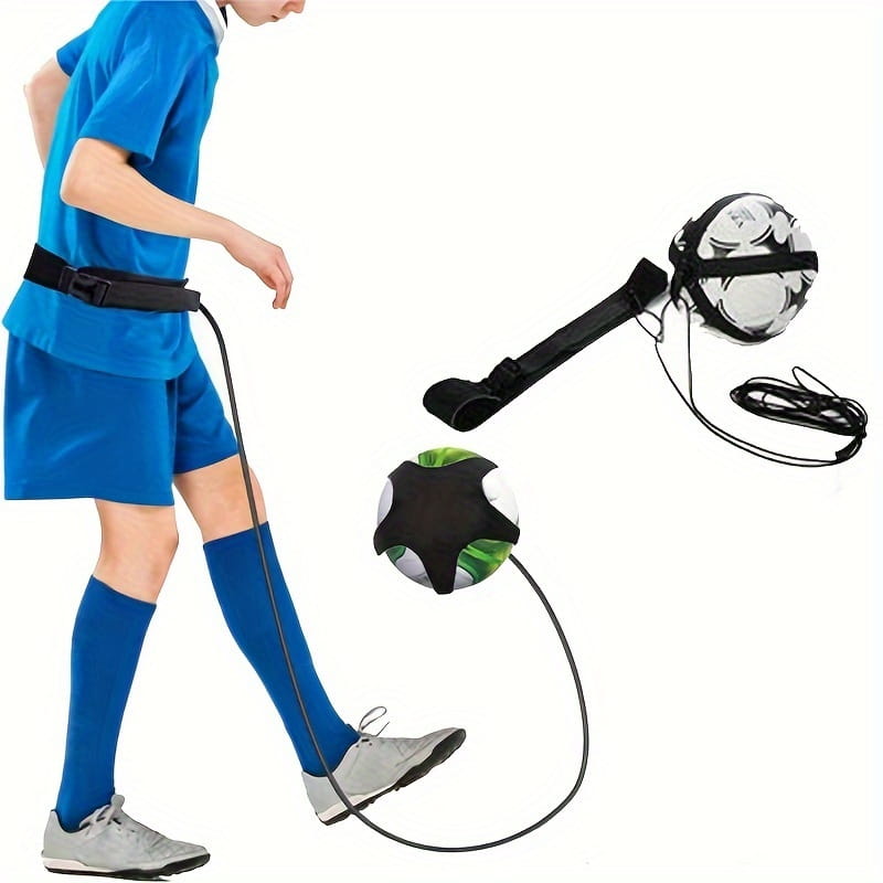 Ceinture d’entraînement pour le football, en solo, pour la maîtrise du ballon, comprenant un ballon de football noir et vert, avec un système de sangles réglable pour une efficacité d’entraînement accrue.