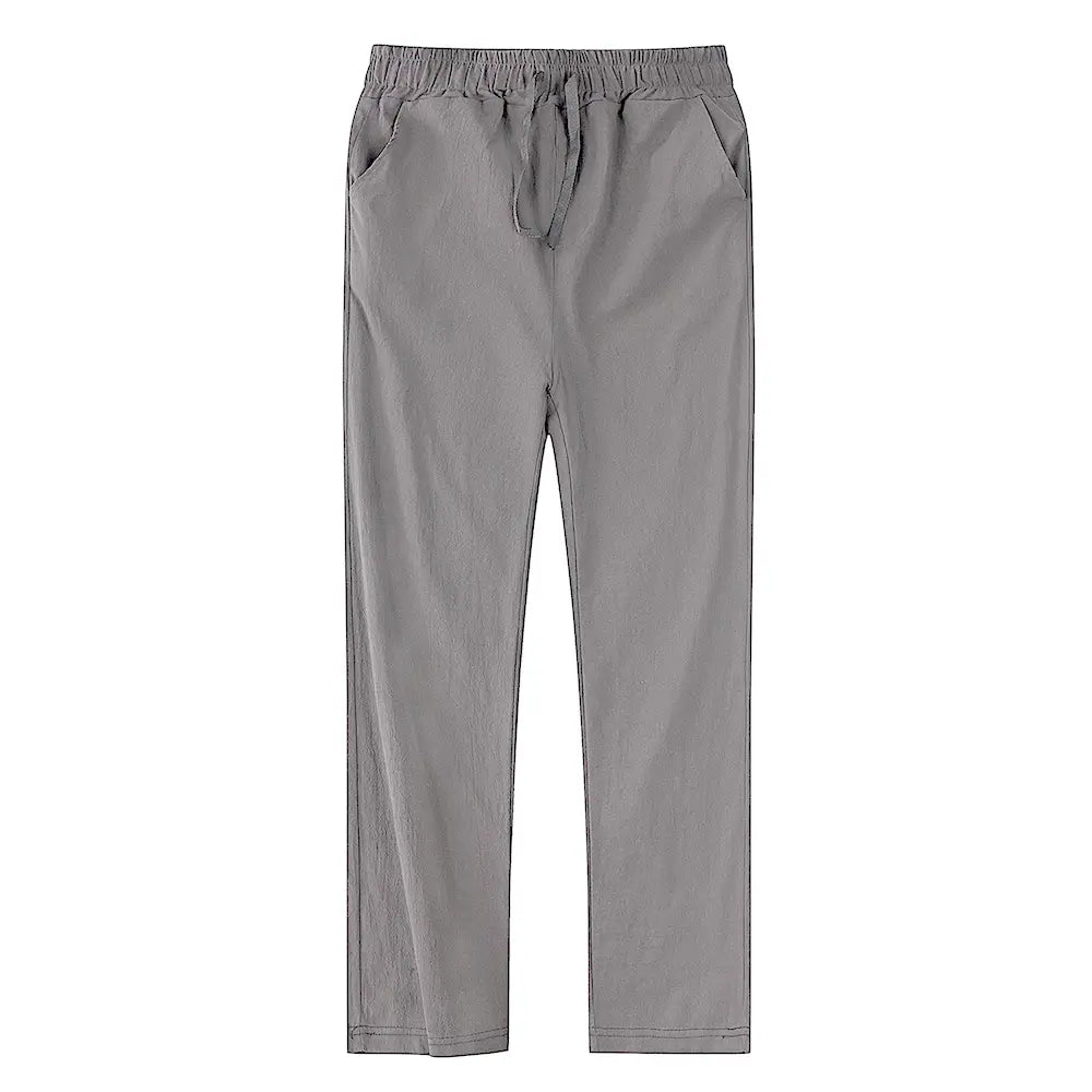 men cotton linen trousers in gray with a relaxed fit drawstring waist and subtle side seam detailing for breathable casual wear