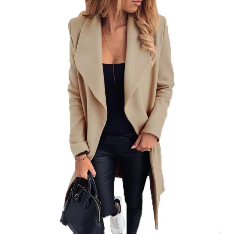 Women's Clothing European American Autumn Winter New Fashion Strap Lapel Solid Color Woolen Coats Jacket Blends