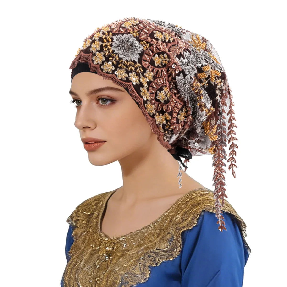 New Ethnic Tassel Headscarf Beaded Embroidery Turban Luxury Tassel Bonnet Women Muslim Hijab Lace Wedding Party Headwear Beanies