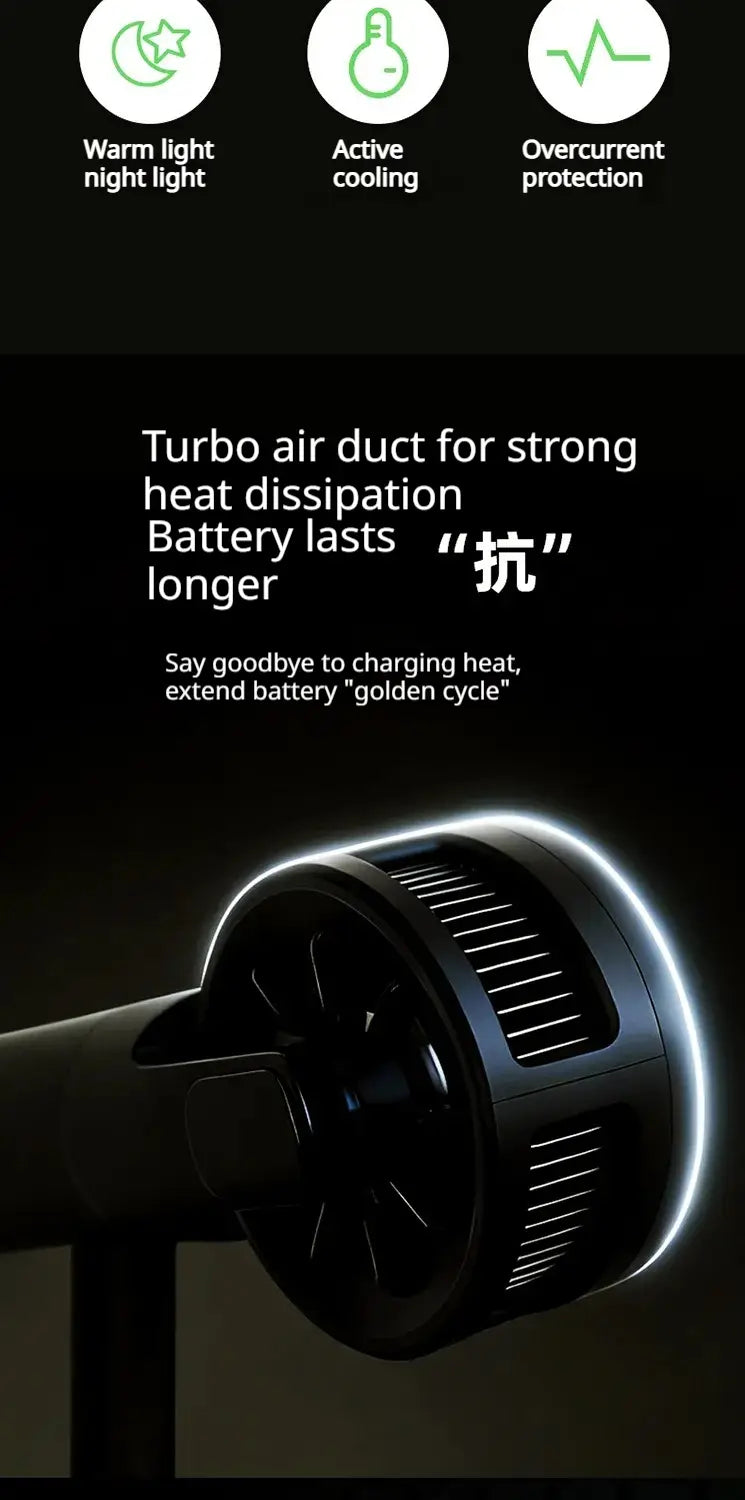 Ventilateur de refroidissement cylindrique noir avec design à ailettes et lumière blanche luminescente sur le bord d’une station de charge sans fil 25 W 7-en-1 pour charge rapide et refroidissement efficace.
