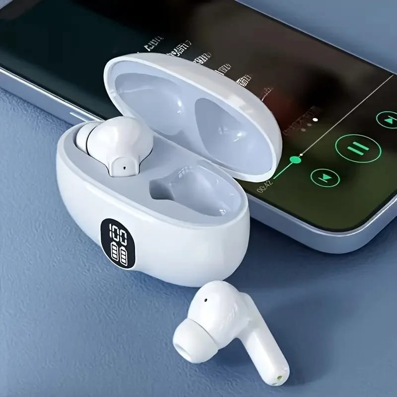 White wireless Bluetooth earbuds in a matching white charging case with an LED display showing battery level designed for sport use