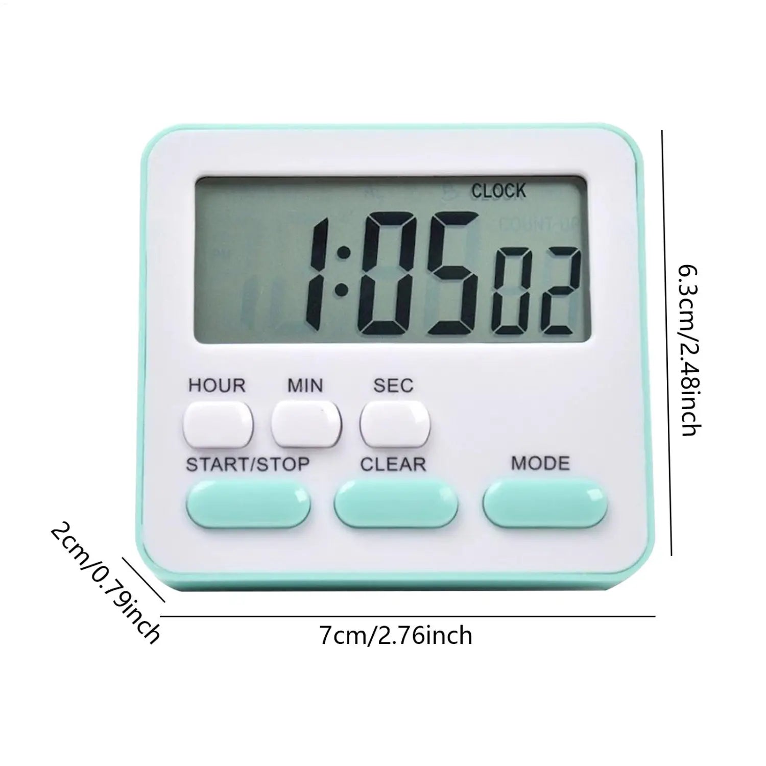 Ein kompakter rechteckiger digitaler Küchentimer mit weißem Gehäuse und helltürkisen Akzenten, entworfen als geräuschloser Countdown-Uhr.