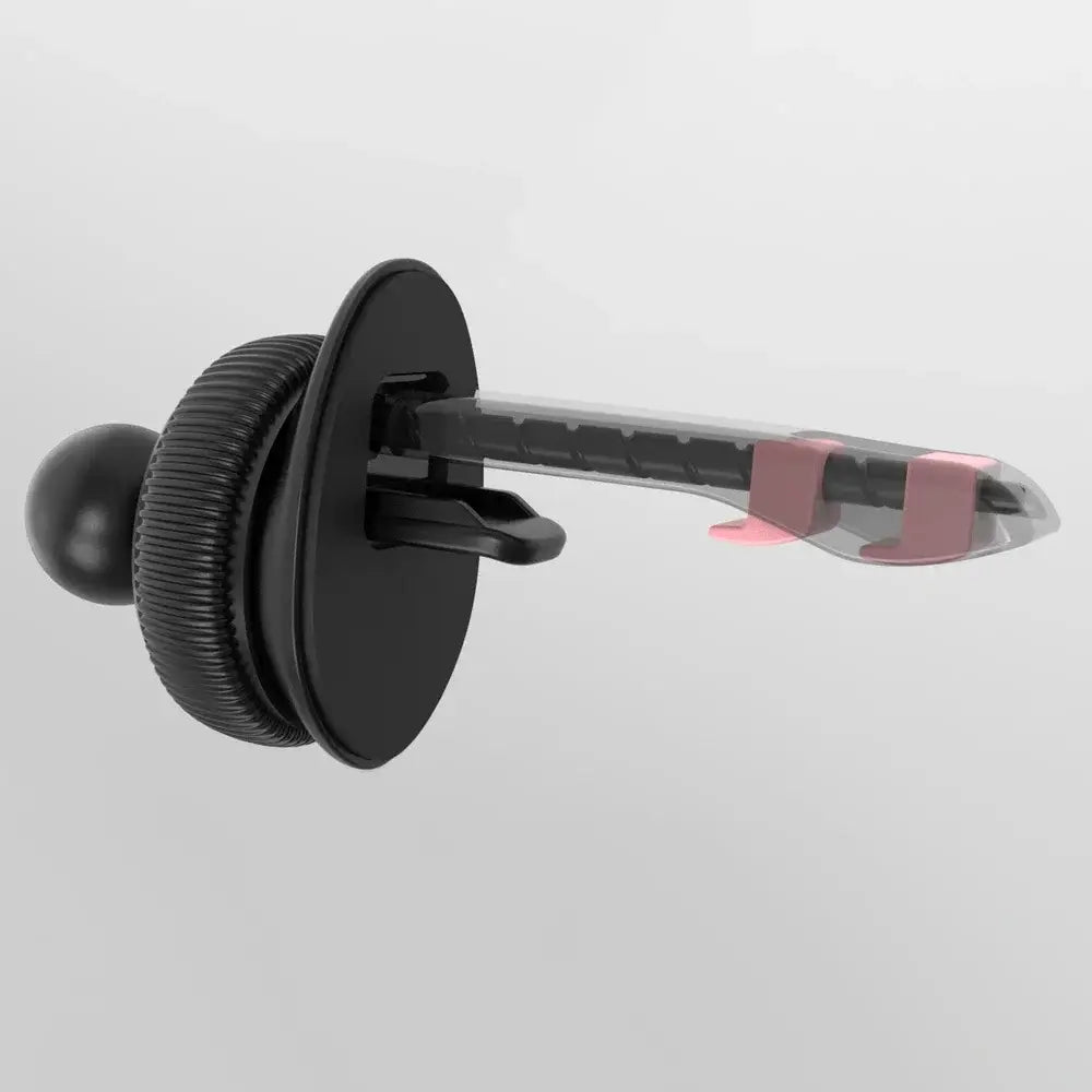 Soporte para teléfono en rejilla de ventilación del automóvil negro de plástico con cabeza de bola de 17 mm, empuñadura de agarre texturizada y acento rosa en la pinza, mostrado desde un ángulo frontal.