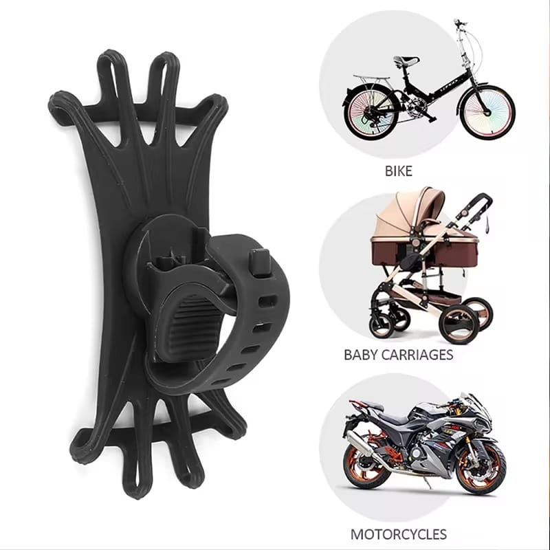 Soporte universal para teléfono de bicicleta de silicona negra con mecanismo de sujeción ajustable para bicicletas, cochecitos de bebé y motocicletas