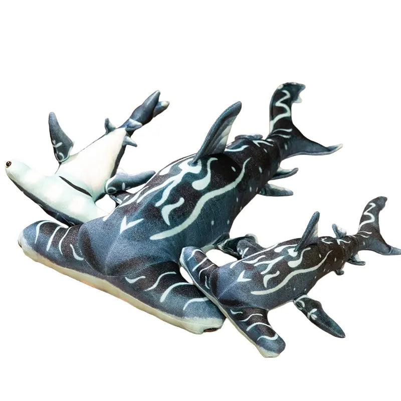 Plush hammerhead shark plush pillow soft toys with black and white flame-like patterns made of soft fabric.