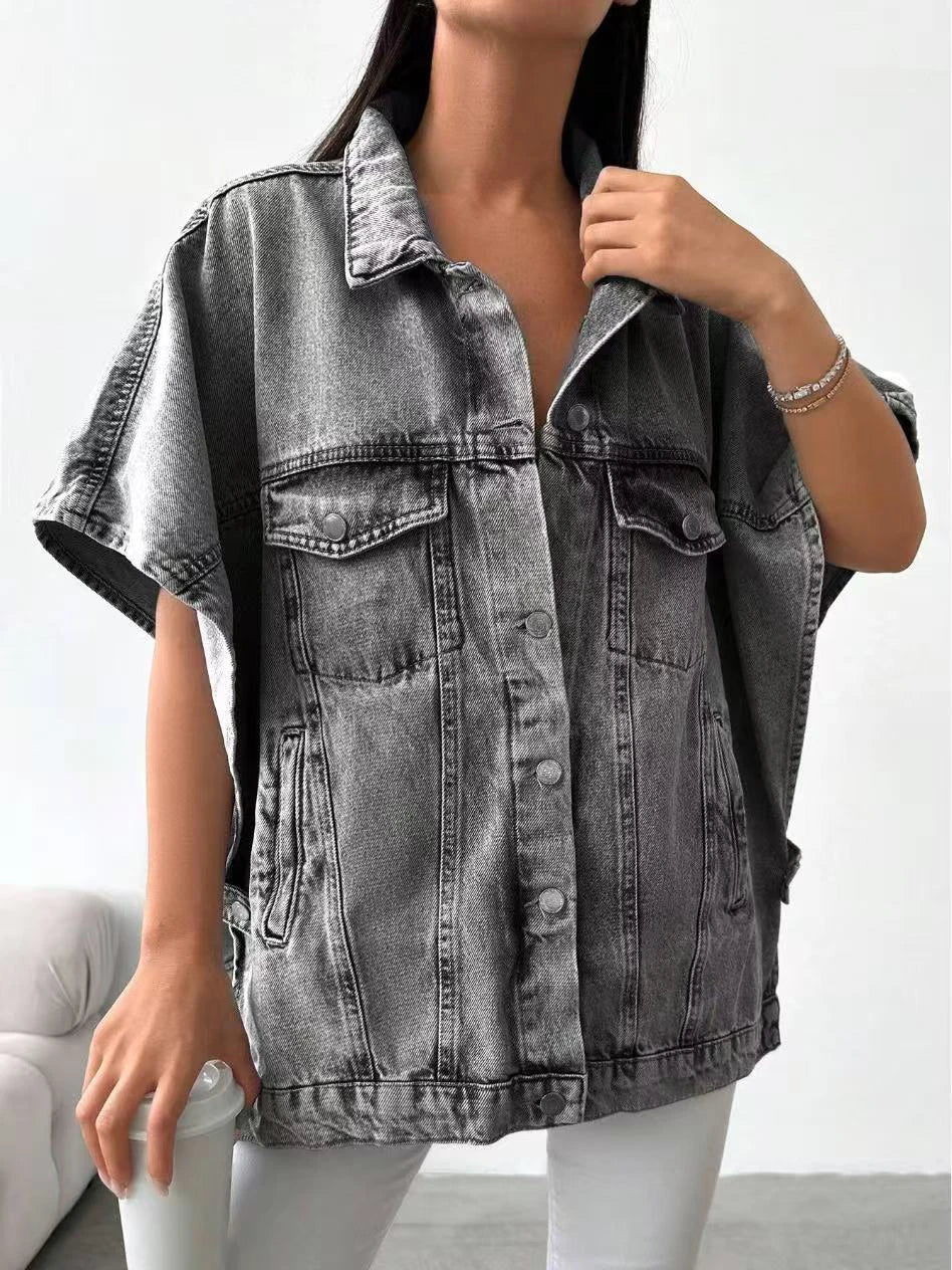 Women's Gray Denim Jacket, Short-Sleeve Casual Loose Top