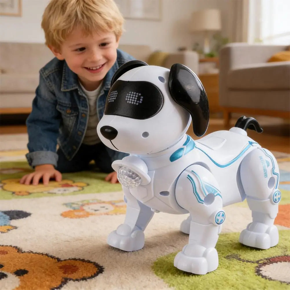 青く発光するアクセントを備えた知能的な白黒の音楽ロボット犬で、インタラクティブな歩行用おもちゃとして設計されています