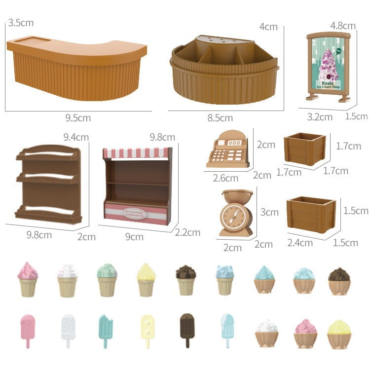 茶色いプラスチック製のアイスクリームショップのプレイセットで、ミニチュアアクセサリーとカラフルな冷菓の置物が付属（ミニチュアドールハウス家具およびプレイセット玩具）。