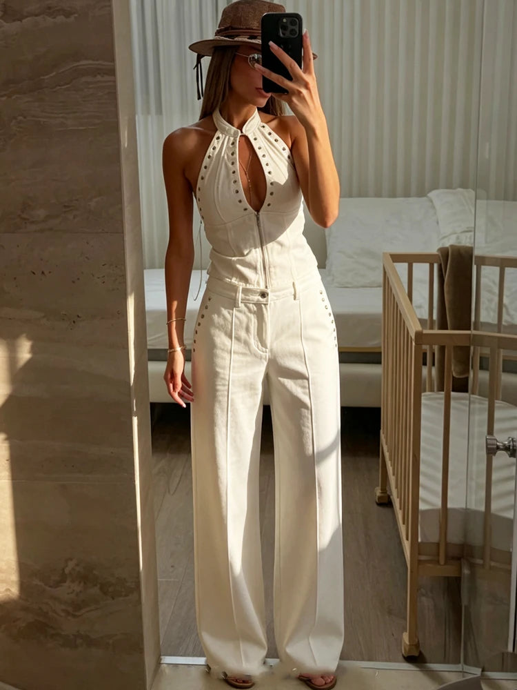 Women's Denim 2 Piece Sets Casual White Halter Sleeveless Metal Rivet Zip-Up Crop Tops & Wide Leg Pants Sets Female Streetwear