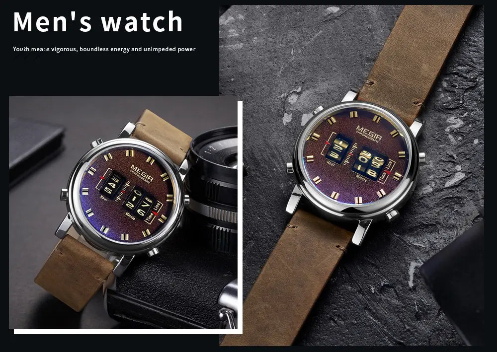 A sleek Megir Military Quartz men’s watch with a silver case, gradient purple and brown dial, tan leather strap, and bold black numerals.